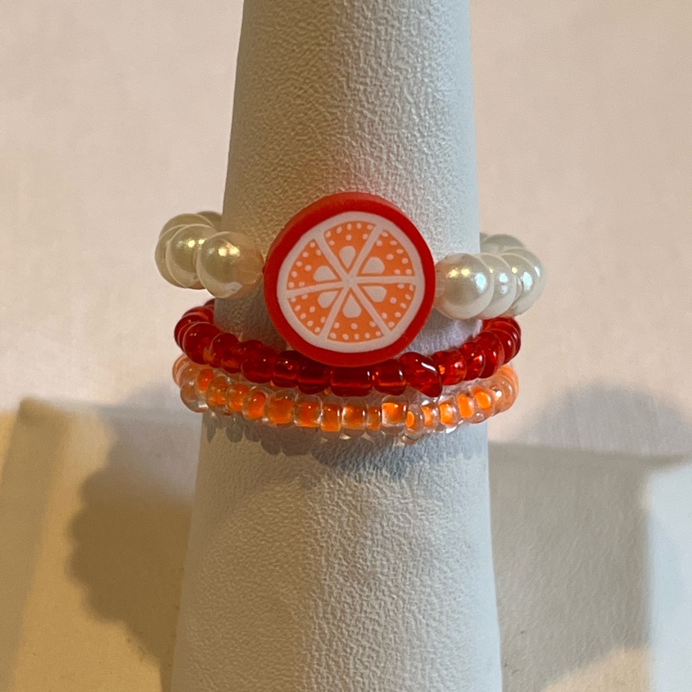 Handmade Red & Orange Beaded Fruit Ring Set, Stretchy